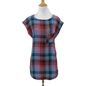 Akemi + Kin Tunic Womens XS Extra Small Multi Plaid Cap Sleeve Metallic Shirt